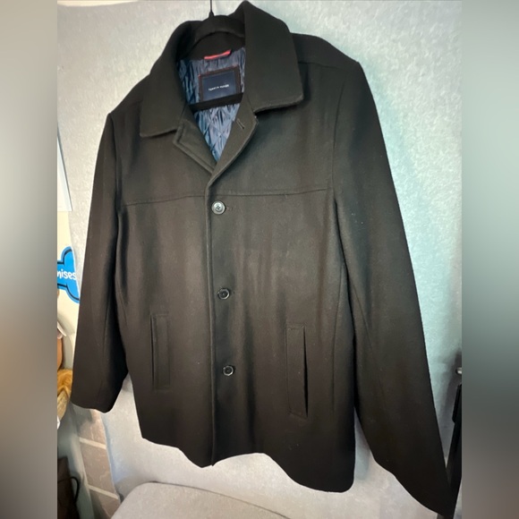 TOMMY HILFIGER Wool Blend Sport Coat  Mens XL Pea Overcoat Winter Warm Black EUC - Picture 3 of 9